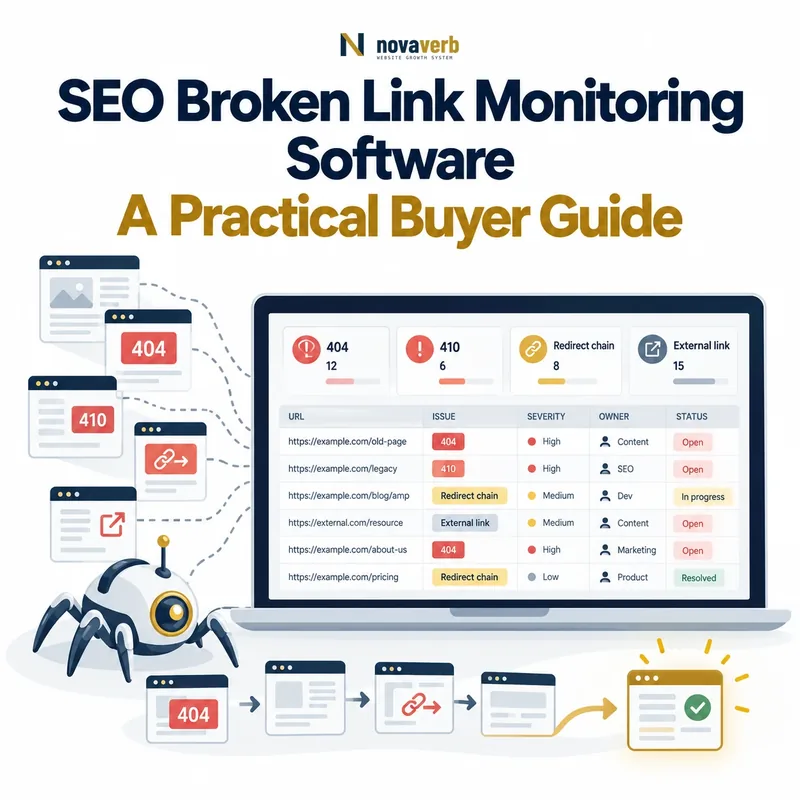 SEO broken link monitoring software showing 404, 410, redirect-chain, and external-link issues with severity, ownership, status, and resolution