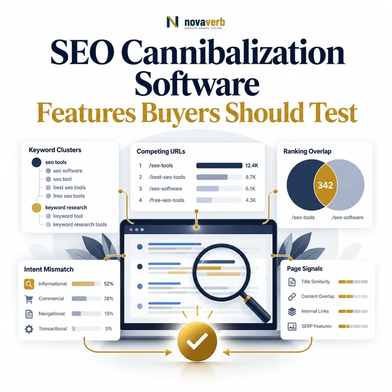 SEO cannibalization software showing keyword clusters, competing URLs, ranking overlap, intent mismatch, page signals, and resolution opportunities