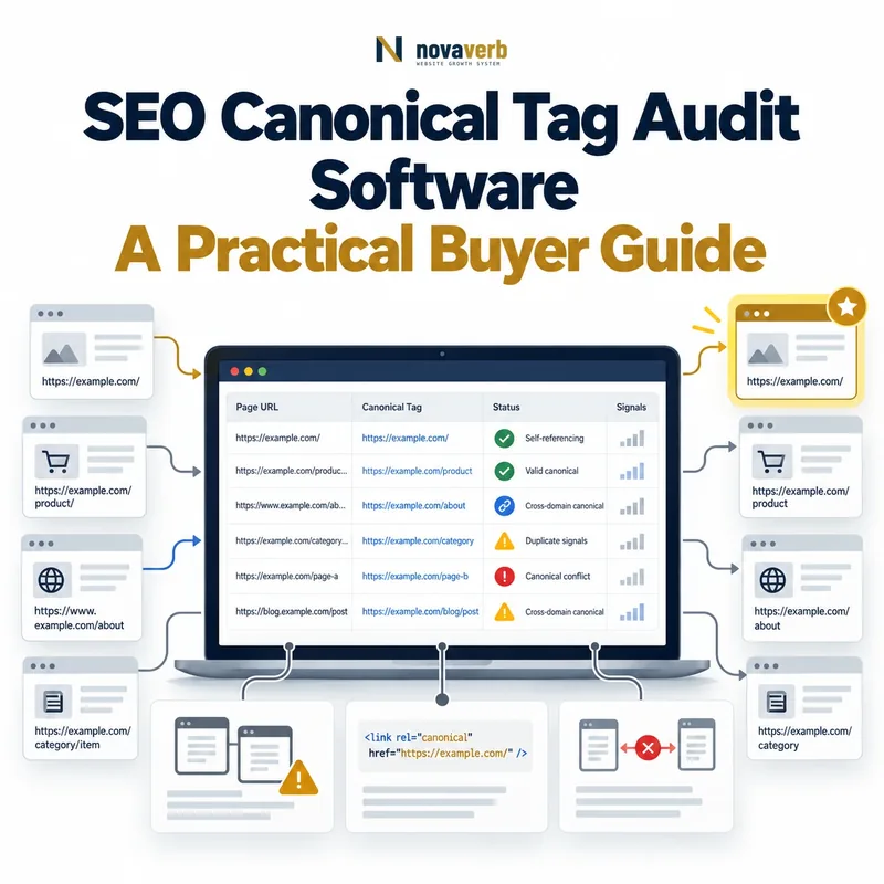 SEO canonical tag audit software comparing page URLs and canonical targets with self-referencing, cross-domain, duplicate, and conflict statuses