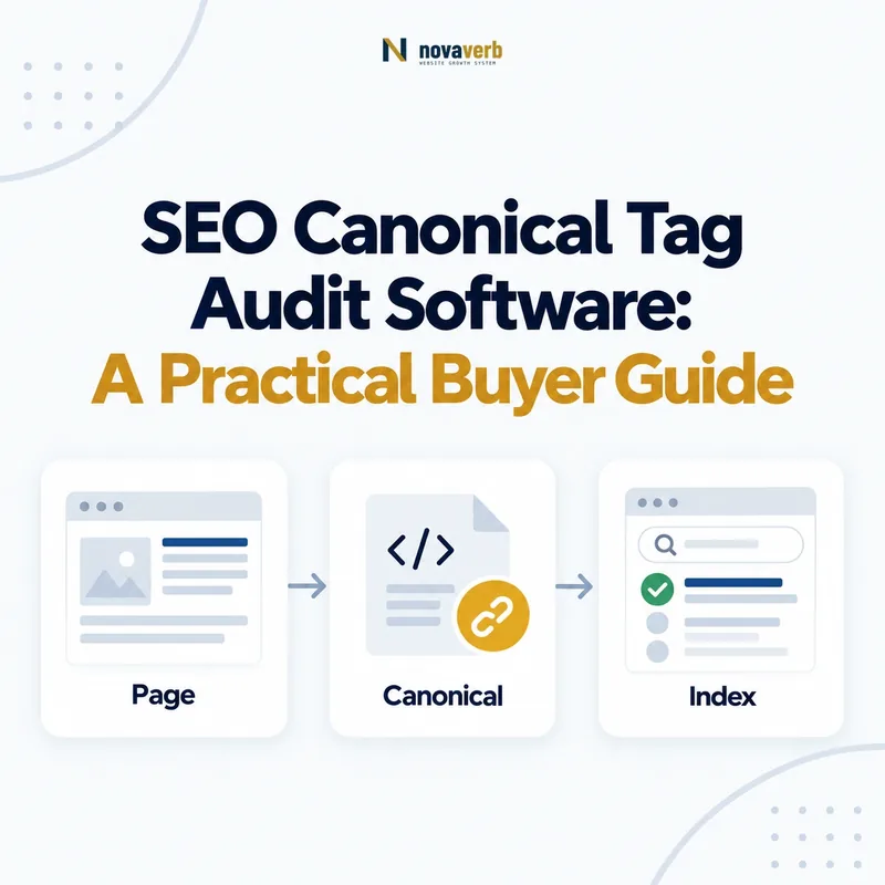 SEO canonical tag audit workflow connecting pages, canonical targets, and indexing