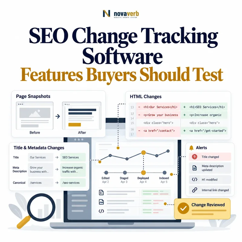SEO change tracking software showing page snapshots, HTML differences, title and metadata changes, deployment timeline, alerts, and reviewed changes