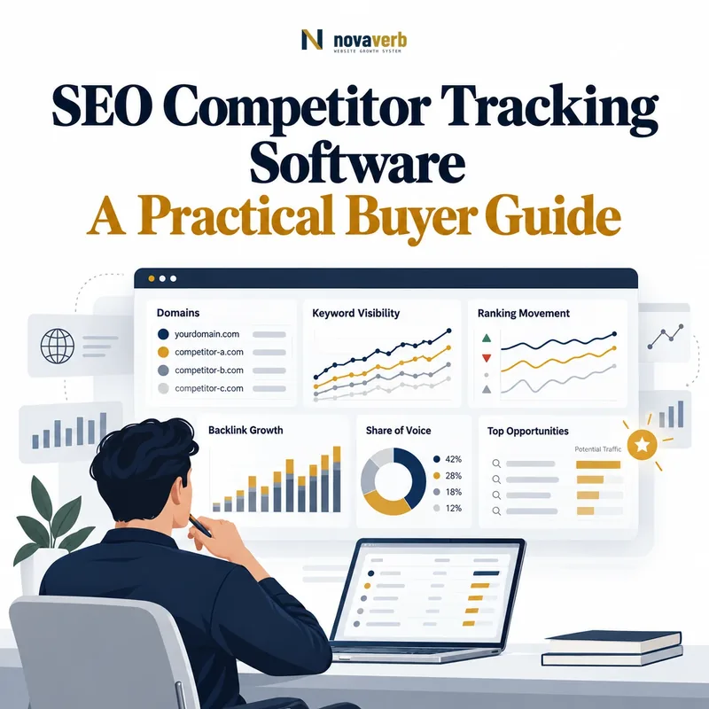 SEO competitor tracking software comparing domains, keyword visibility, ranking movement, backlink growth, share of voice, and opportunities