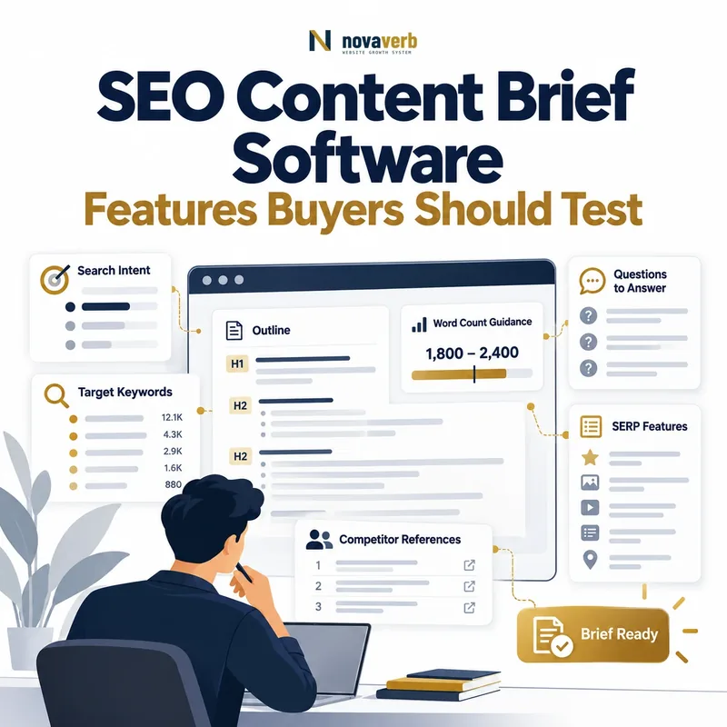 SEO content brief software showing search intent, target keywords, outline, questions, SERP features, competitor references, and word-count guidance