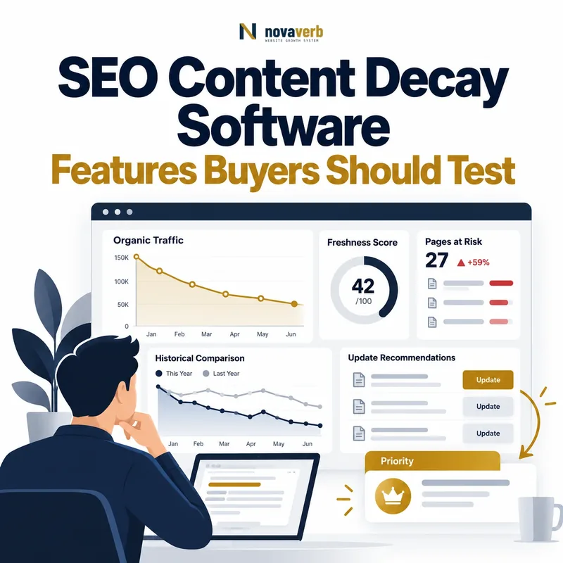 SEO content decay software showing declining organic traffic, freshness score, pages at risk, historical comparison, and update recommendations