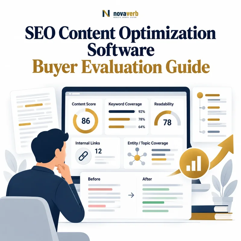 SEO content optimization software showing content score, keyword coverage, readability, internal links, entity coverage, and before-and-after recommendations
