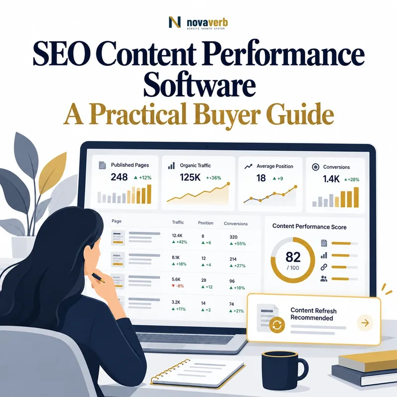 SEO content performance software dashboard showing published pages, traffic, rankings, conversions, and refresh recommendations