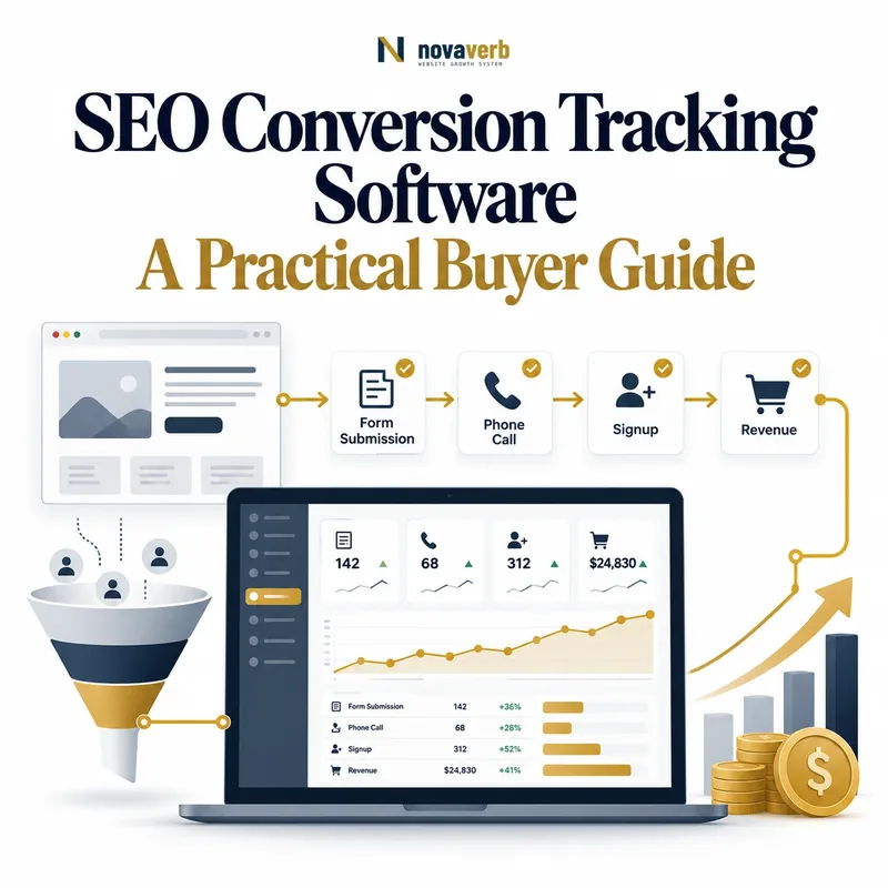 SEO conversion tracking software funnel showing form submissions, phone calls, signups, revenue, and conversion reporting