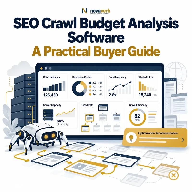 SEO crawl budget analysis software dashboard showing crawl requests, response codes, frequency, wasted URLs, server capacity, crawl paths, and efficiency