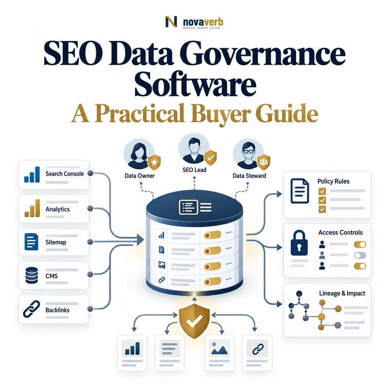 SEO data governance software framework showing data owners, source labels, policy rules, access controls, and lineage