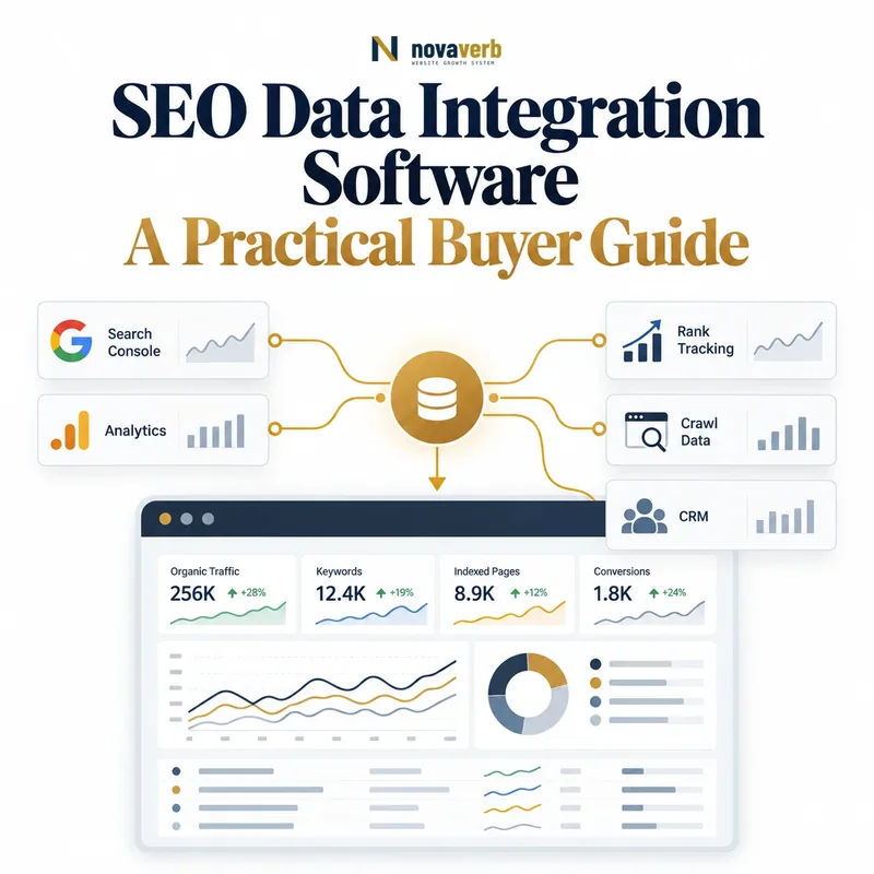SEO data integration software hub connecting Search Console, analytics, rank tracking, crawl data, and CRM