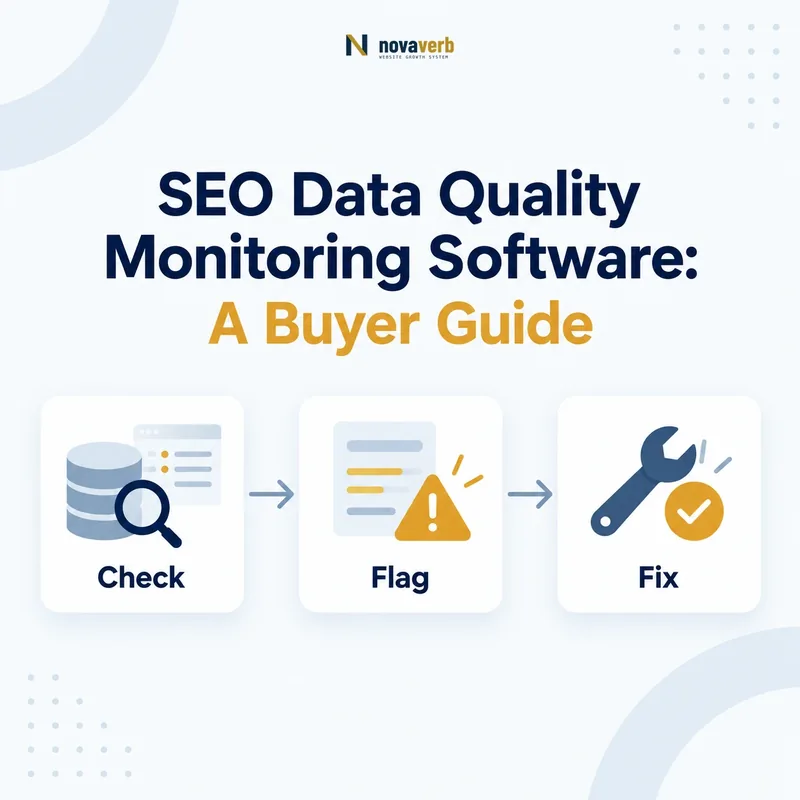 SEO data quality monitoring workflow connecting checks, flags, and fixes