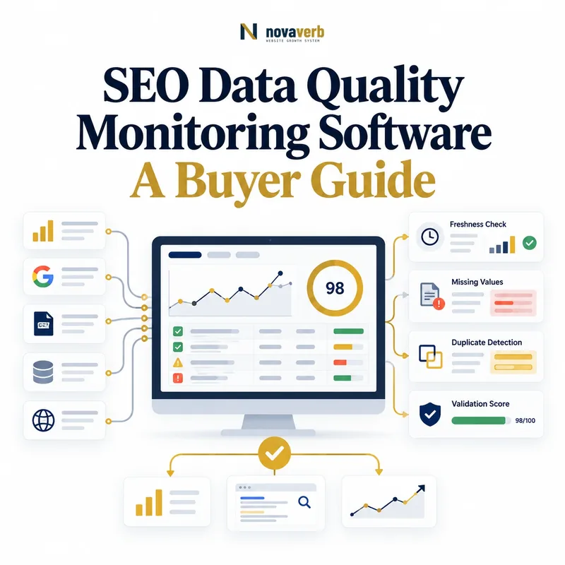 SEO data quality monitoring software dashboard showing freshness checks, missing values, duplicate detection, and validation scores