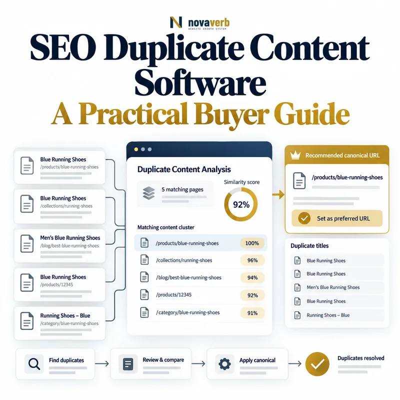 SEO duplicate content software grouping matching pages with similarity scores, duplicate titles, canonical suggestions, and a preferred URL