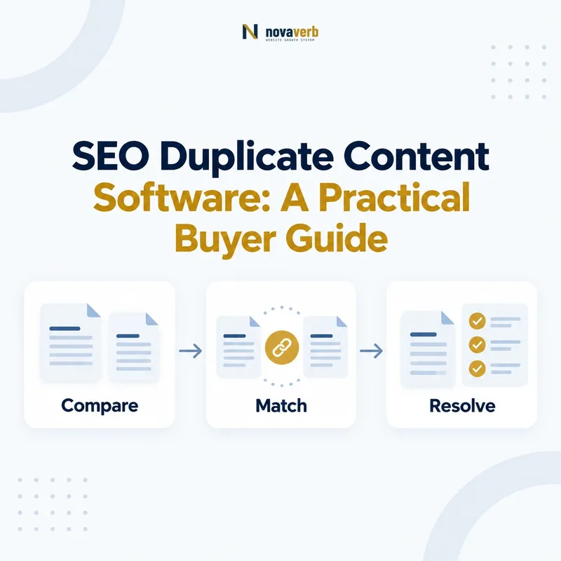 SEO duplicate content workflow connecting page comparison, matching, and resolution