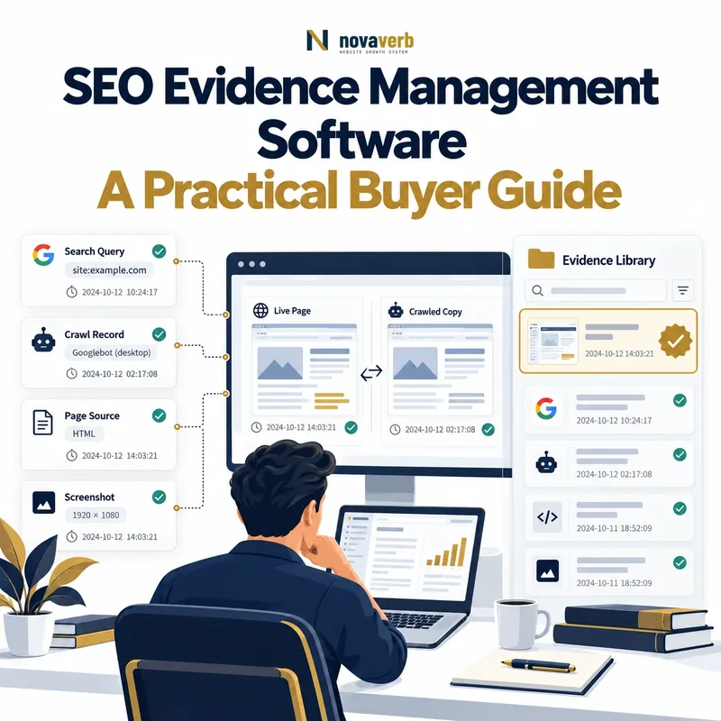 SEO evidence management software showing source-labeled search, crawl, page, and screenshot records with verification