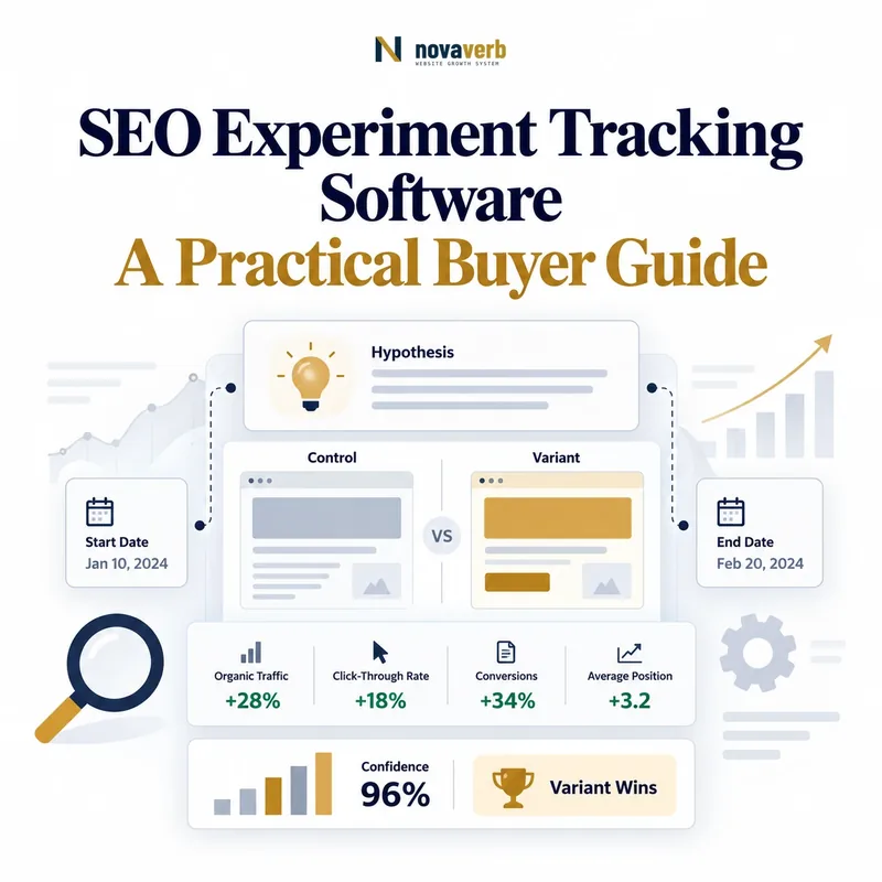 SEO experiment tracking software showing a hypothesis, control and variant pages, measured metrics, confidence, and a winning result