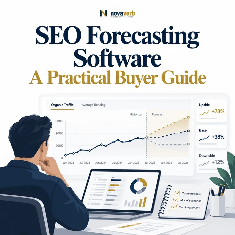 SEO forecasting software dashboard showing historical traffic, forecast scenarios, and investment planning