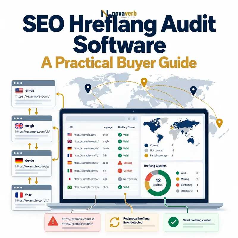 SEO hreflang audit software showing language and country URL clusters, reciprocal links, missing annotations, conflicts, and valid coverage
