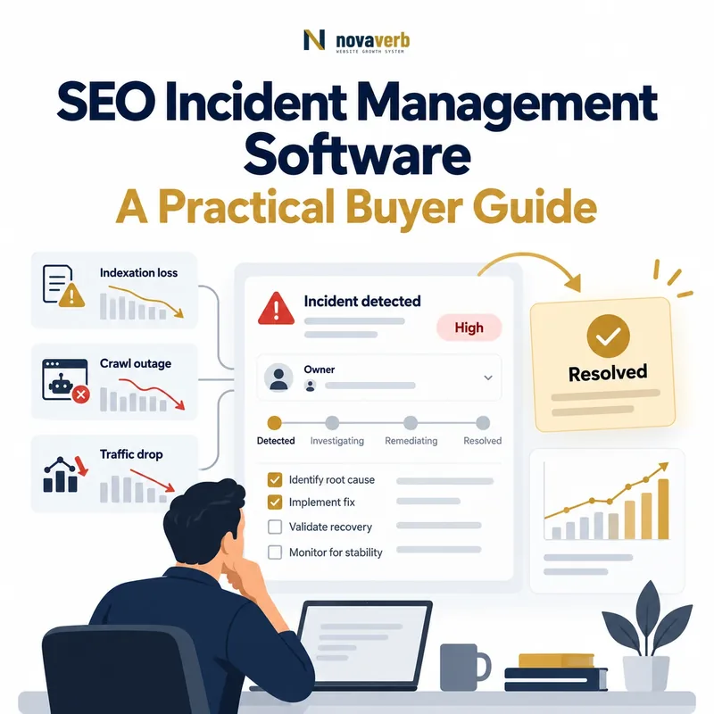 SEO incident management software showing indexation loss, crawl outage, traffic drop, owner assignment, remediation, and resolution