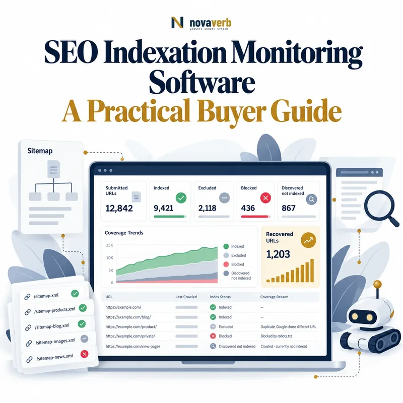 SEO indexation monitoring software dashboard showing submitted, indexed, excluded, blocked, discovered not indexed, and recovered URLs