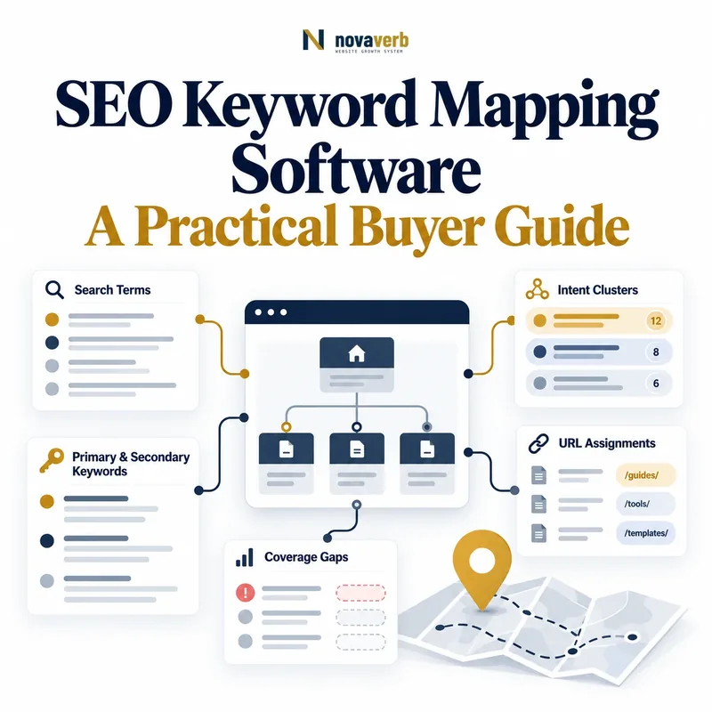 SEO keyword mapping software connecting search terms to pages, intent clusters, primary and secondary keywords, URL assignments, and coverage gaps