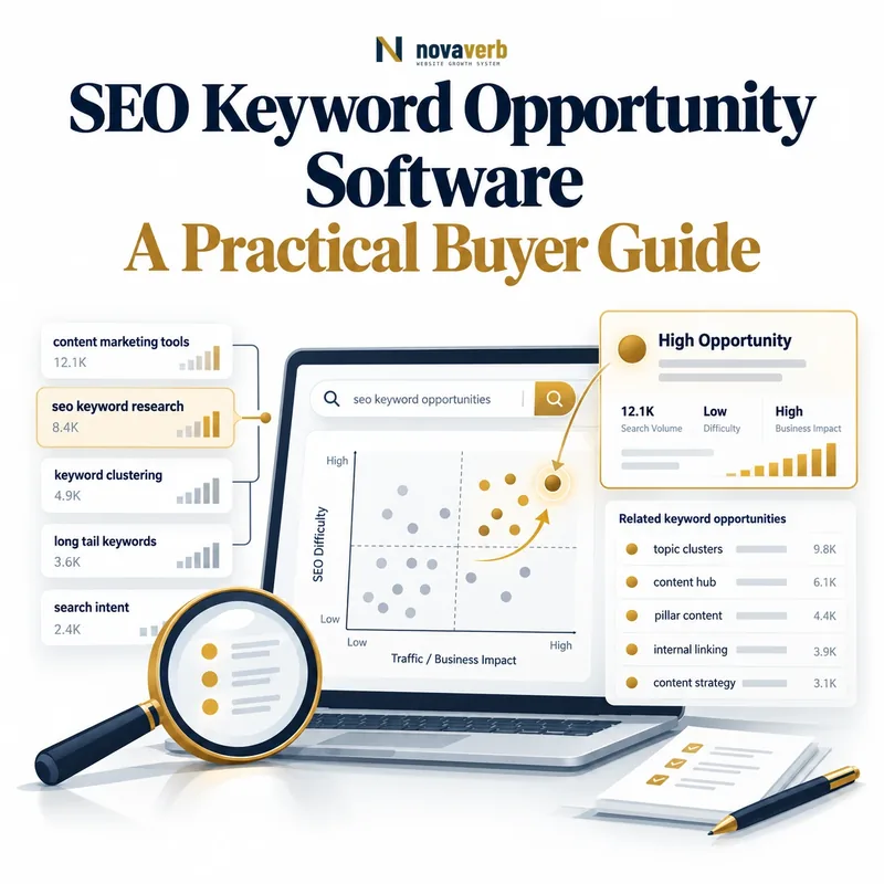 SEO keyword opportunity software showing keyword clusters, impact scoring, and an opportunity dashboard