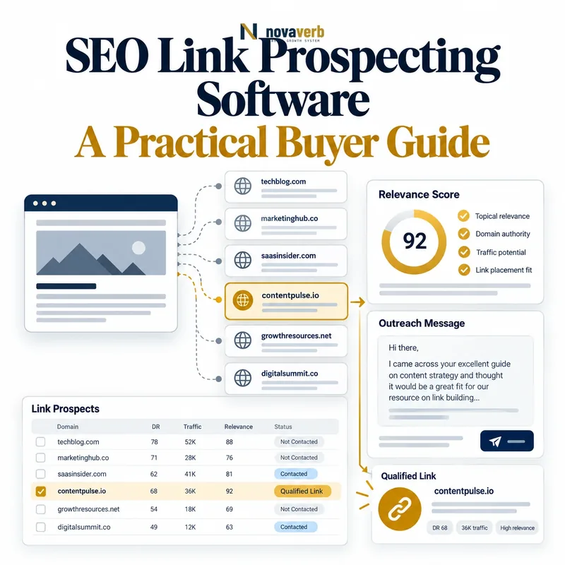 SEO link prospecting software showing domain targets, relevance scoring, outreach, and qualified links