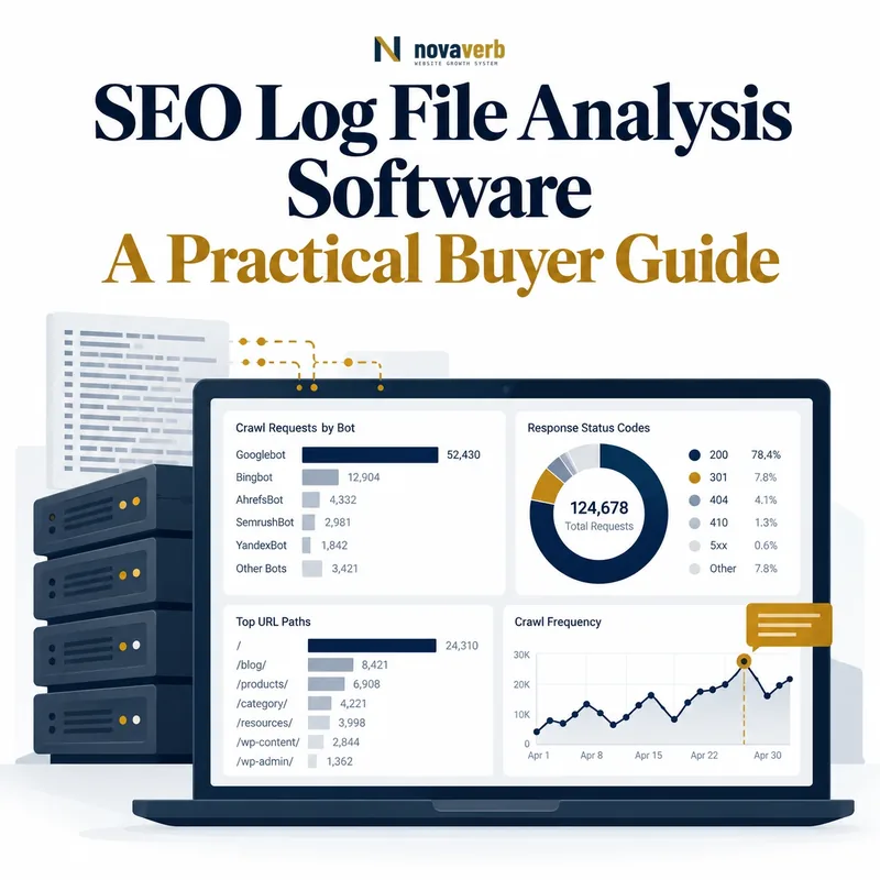 SEO log file analysis software showing crawl requests by bot, response status codes, URL paths, and crawl frequency trends