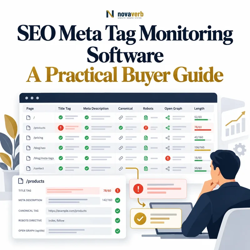 SEO meta tag monitoring software showing title tags, meta descriptions, canonicals, robots directives, Open Graph fields, and length checks