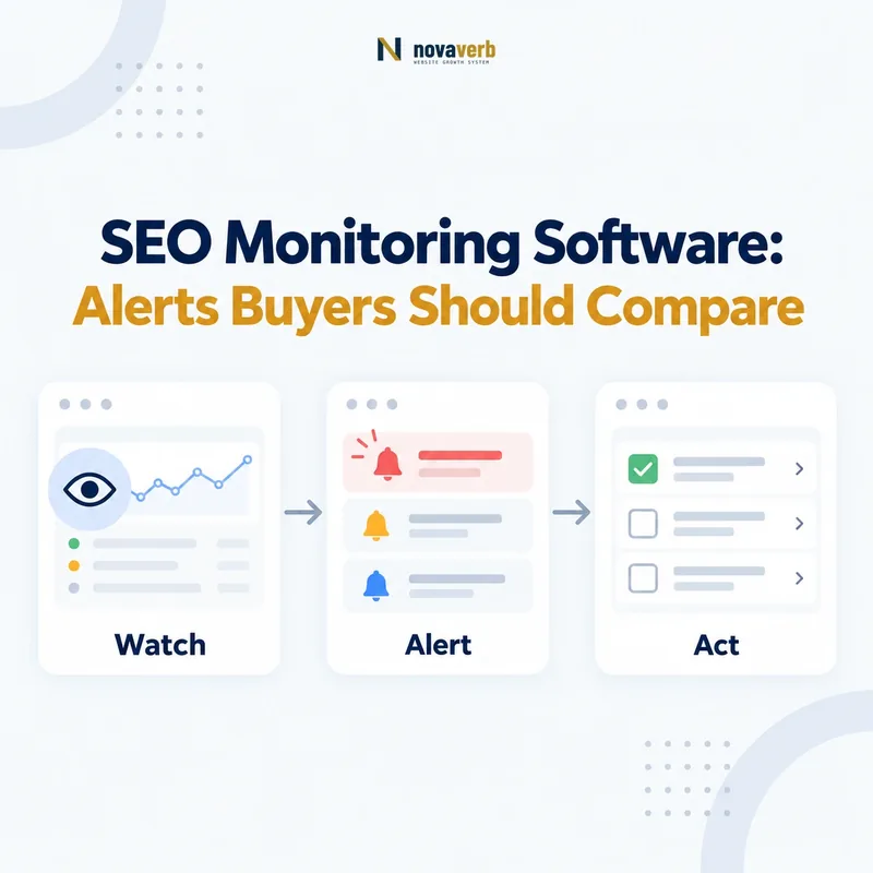 SEO monitoring workflow connecting watch signals, alerts, and actions