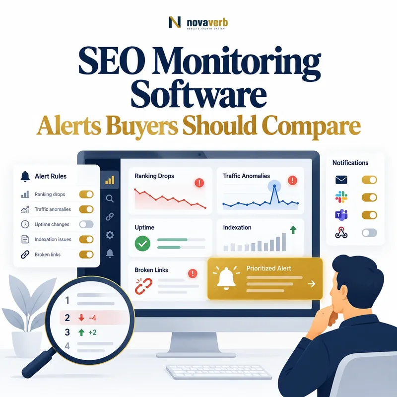 SEO monitoring software showing ranking drops, traffic anomalies, uptime, indexation, broken links, alert rules, and notification channels