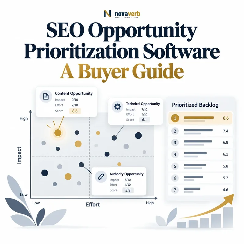 SEO opportunity prioritization software matrix plotting content, technical, and authority opportunities by impact and effort