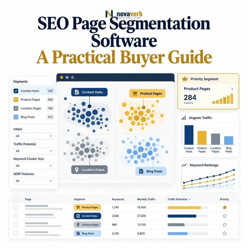 SEO page segmentation software grouping content hubs, product pages, location pages, and blog posts with comparative KPIs