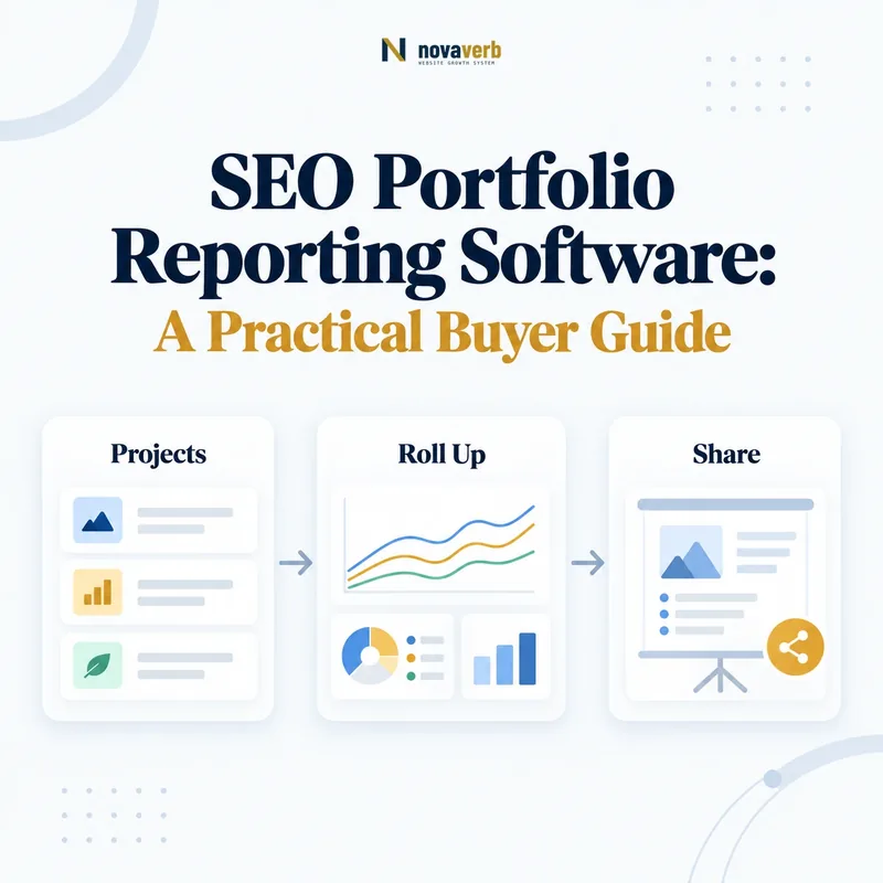 Portfolio SEO reporting workflow connecting projects, roll-up insights, and sharing