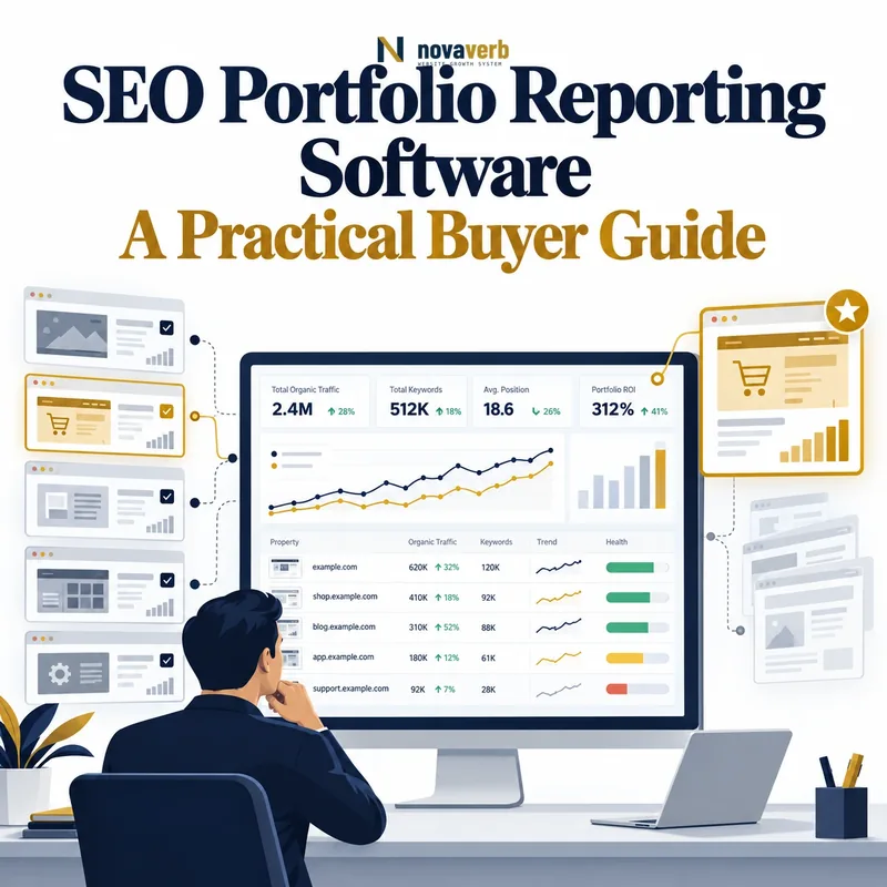 SEO portfolio reporting software dashboard comparing multiple websites with roll-up KPIs, trends, health, and ROI