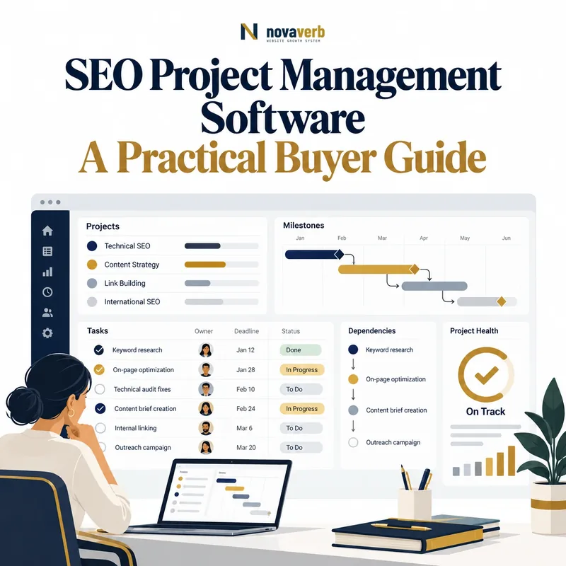 SEO project management software showing projects, milestones, tasks, owners, deadlines, status, dependencies, and project health