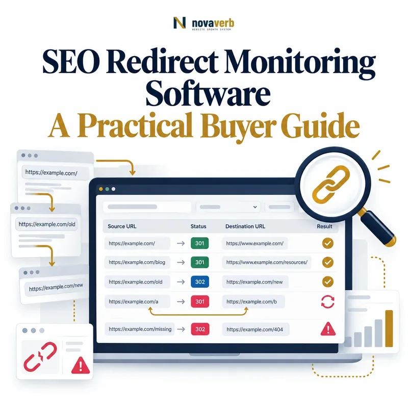 SEO redirect monitoring software showing 301 and 302 chains, final destinations, redirect loops, and broken redirect alerts