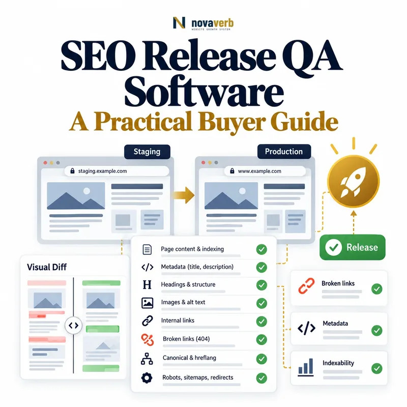 SEO release QA software comparing staging and production pages with visual diffs, metadata checks, broken links, and a release gate