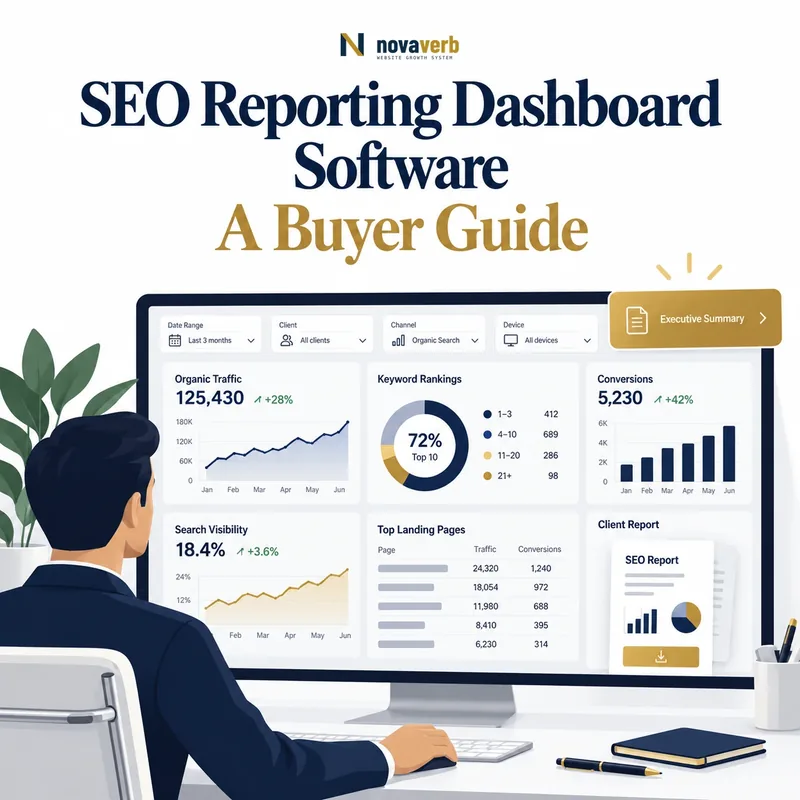 SEO reporting dashboard software showing organic traffic, keyword rankings, conversions, search visibility, landing pages, and client reports
