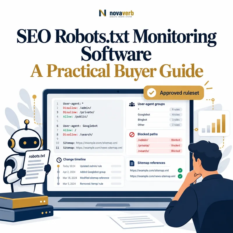 SEO robots.txt monitoring software showing user-agent rules, allow and disallow directives, blocked paths, sitemaps, and change history