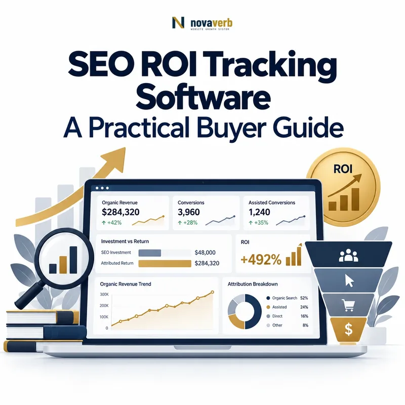 SEO ROI tracking software showing organic revenue, conversions, assisted conversions, investment versus return, attribution, and ROI trend