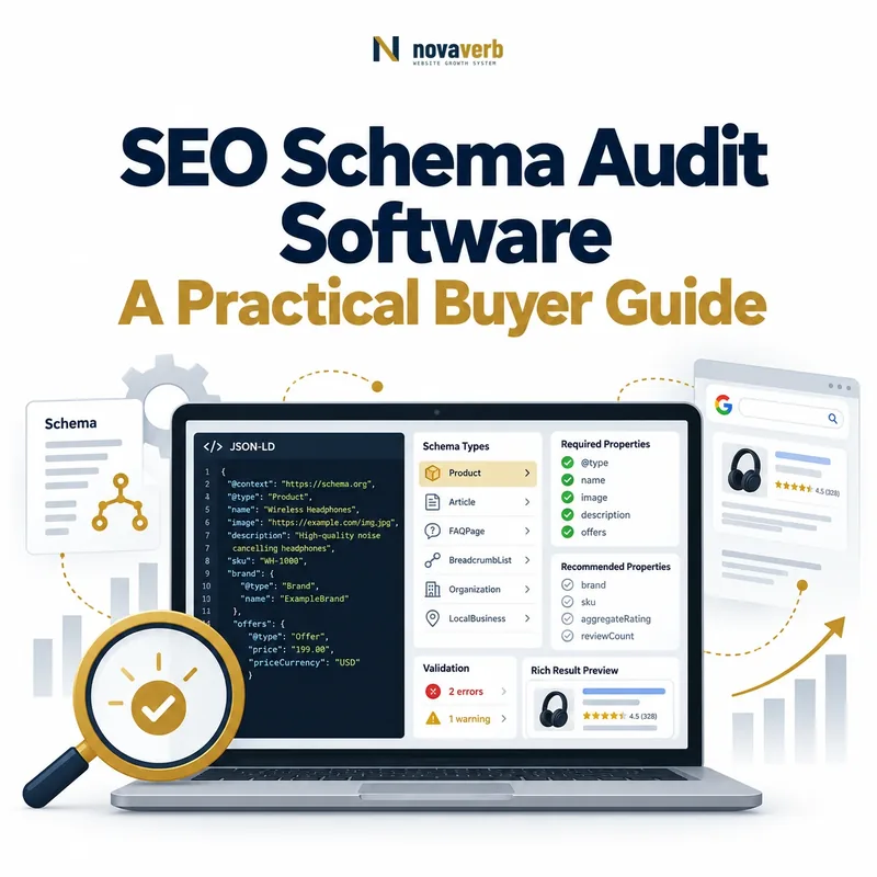 SEO schema audit software showing JSON-LD code, schema types, required and recommended properties, validation errors, and rich result preview