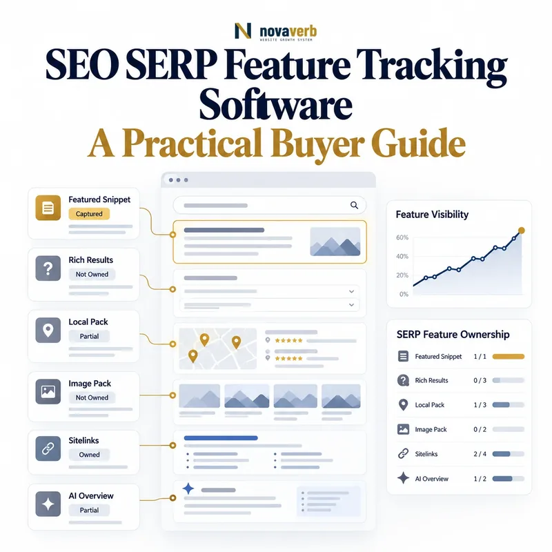 SEO SERP feature tracking software showing featured snippets, rich results, local pack, image pack, sitelinks, and AI overview visibility