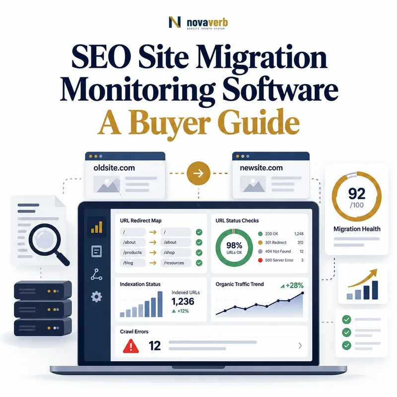 SEO site migration monitoring software comparing old and new domains with redirect maps, URL status checks, indexation, traffic, and crawl errors