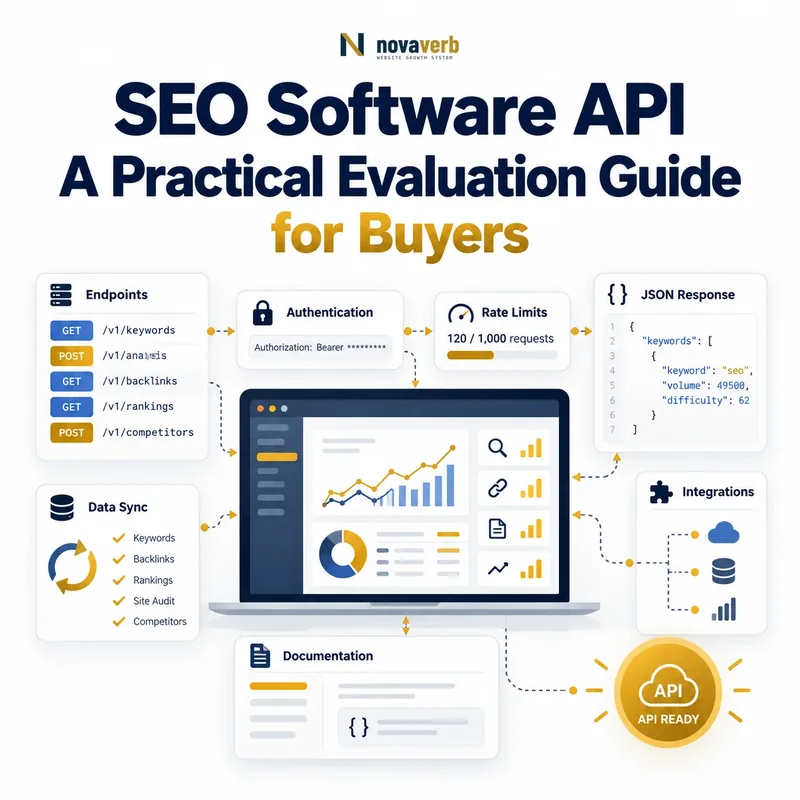 SEO software API evaluation showing endpoints, authentication, rate limits, JSON responses, data sync, integrations, and documentation