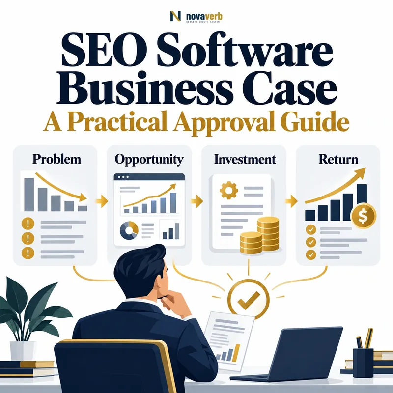SEO software business case journey showing problem, opportunity, investment and return