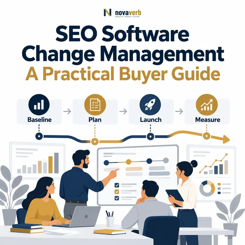 SEO software change management roadmap showing baseline, plan, launch and measure stages
