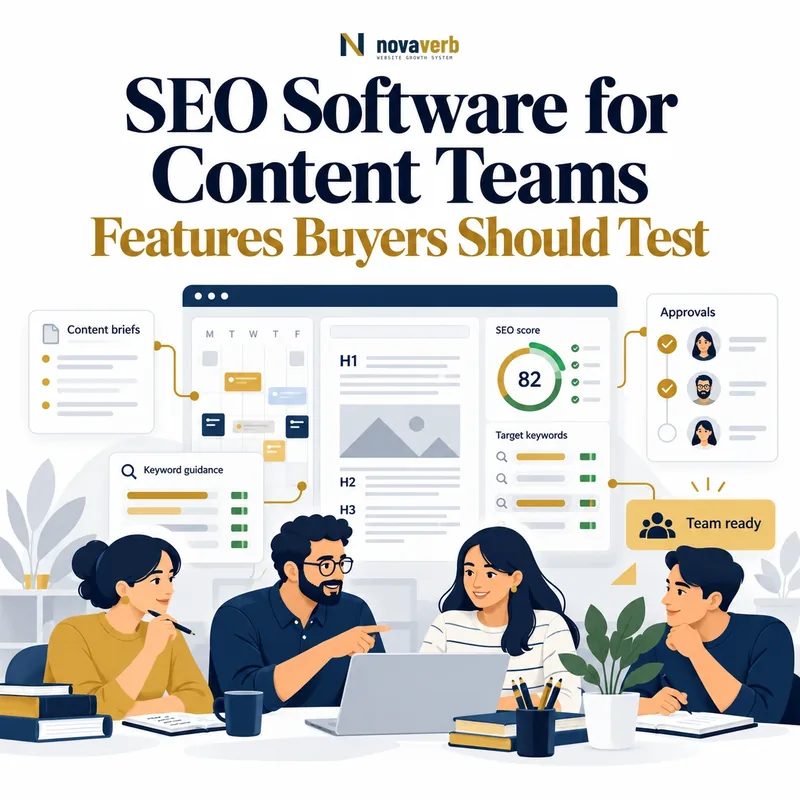 SEO software for content teams showing content briefs, editorial calendar, keyword guidance, SEO scores, approvals, roles, and team workflow