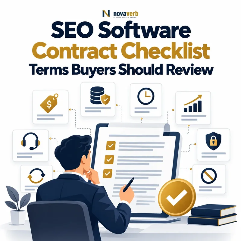 SEO software contract checklist showing pricing, data ownership, retention, service levels, support, renewal, cancellation, and security terms
