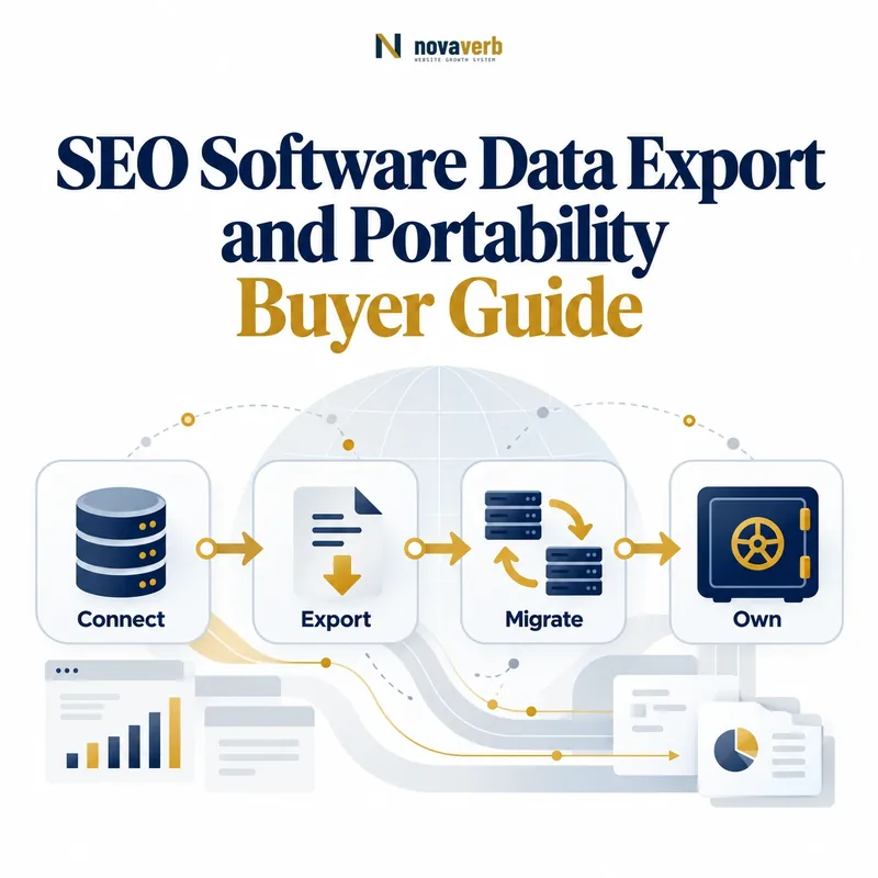 SEO software data portability flow showing connect, export, migrate and own stages